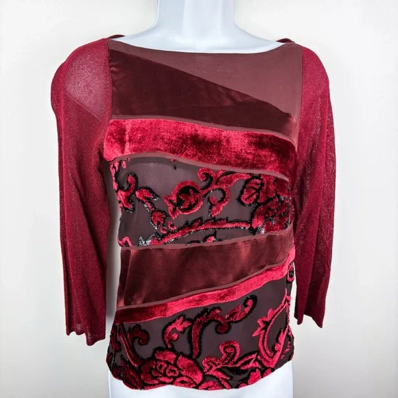 Kay Unger Vintage Velvet Mesh Baroque Maroon Red Stretch Blouse Top Whimsigoth - Picture 7 of 7